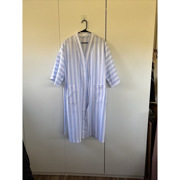 Vintage 90's Women's Classic Blue & White Striped 100% Cotton Long Robe Kimono - Picture 9 of 9